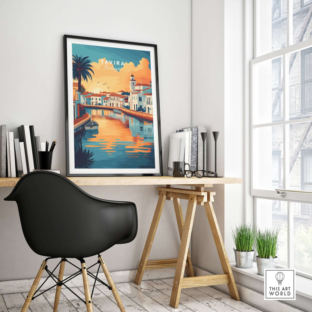 Algarve Tavira sunset poster showcasing vibrant colors and serene skies in a stylish home office decor.