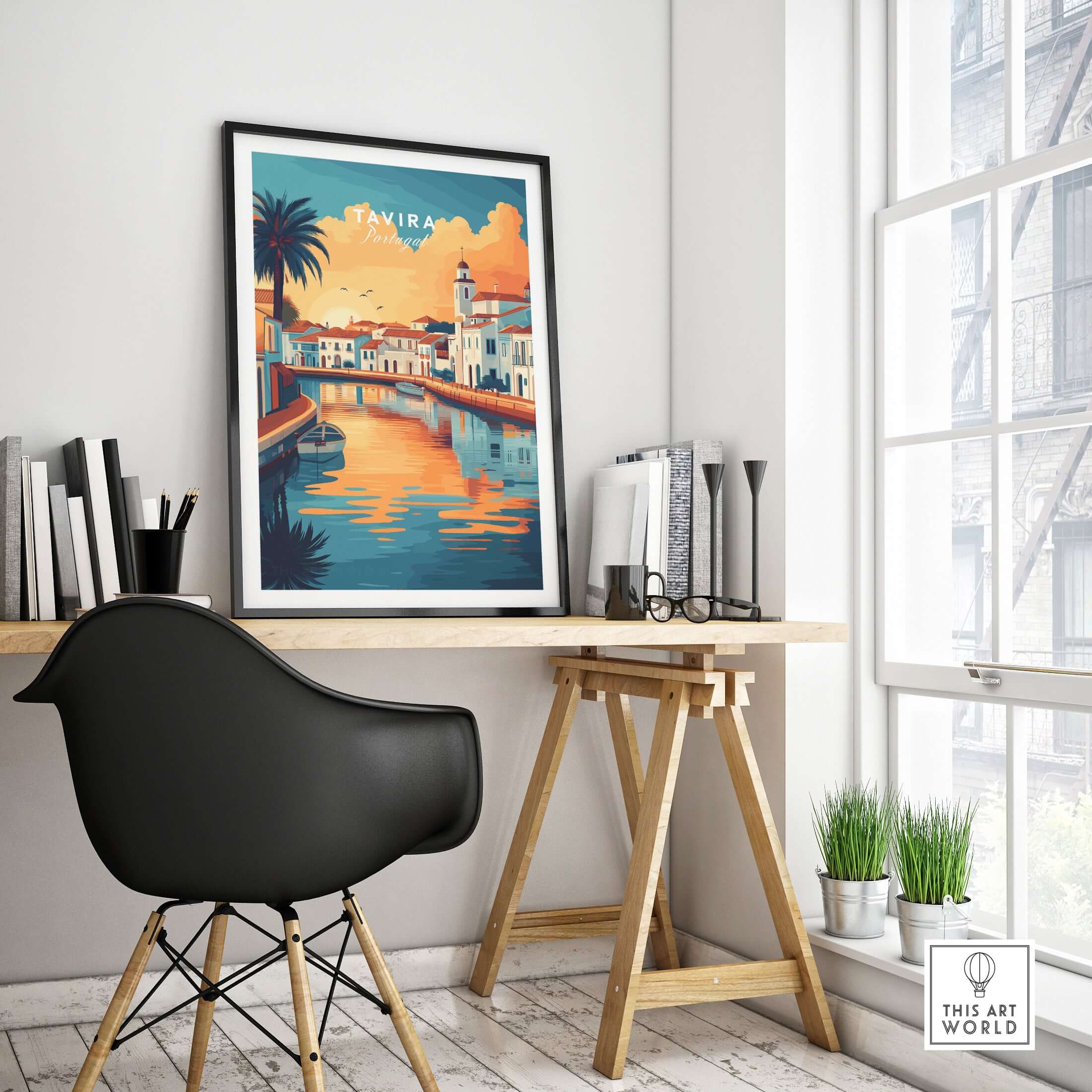 Algarve Tavira Poster, Portugal Wall Decor, Sunset displayed in a modern home workspace.