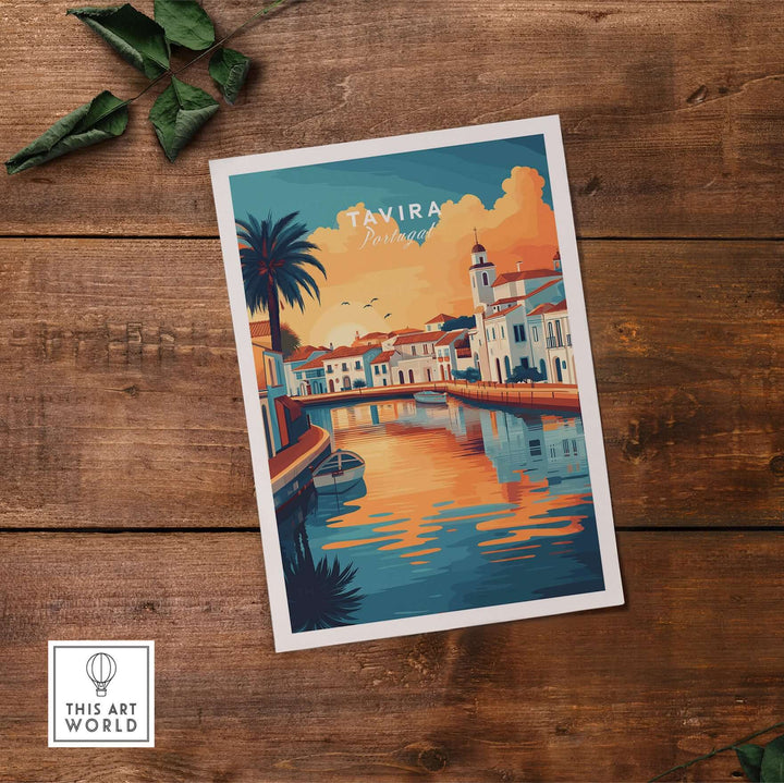 Algarve Tavira poster showcasing vibrant sunset and serene reflections of Portugal's coast on wooden background