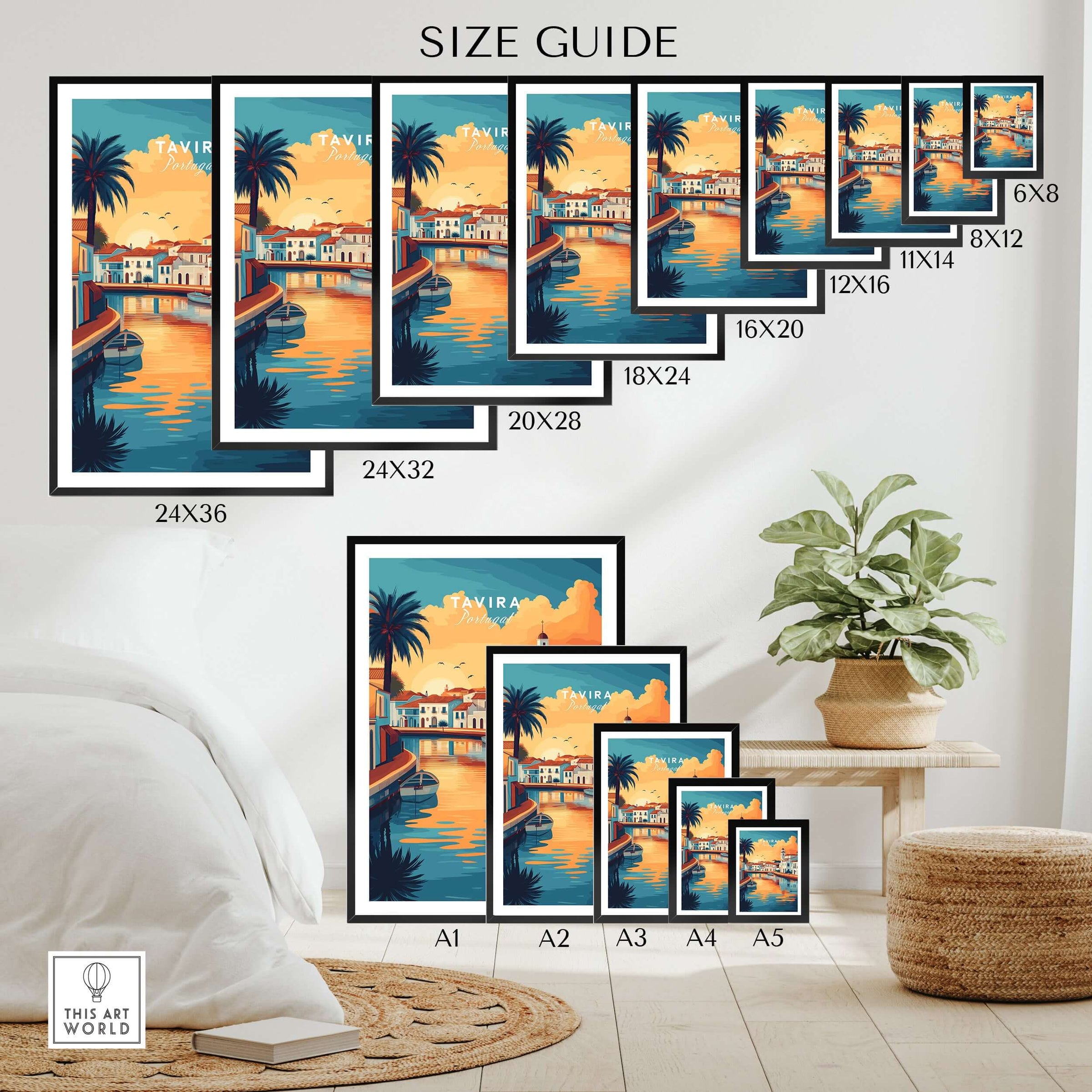 Algarve Tavira Poster, Portugal Wall Decor, Sunset Size Guide with various frame sizes in a stylish interior setting.