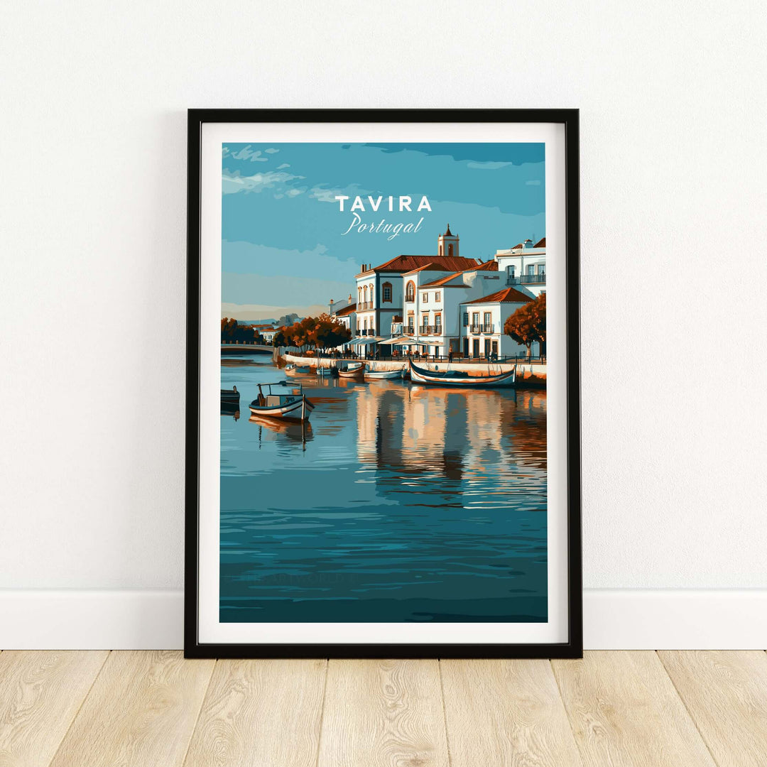 Tavira Portugal cityscape poster featuring River Gilão and charming architecture.