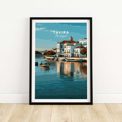 Algarve Tavira Wall Decor, Portugal Cityscape Poster, River Gilão Print featuring picturesque waterfront in Tavira.