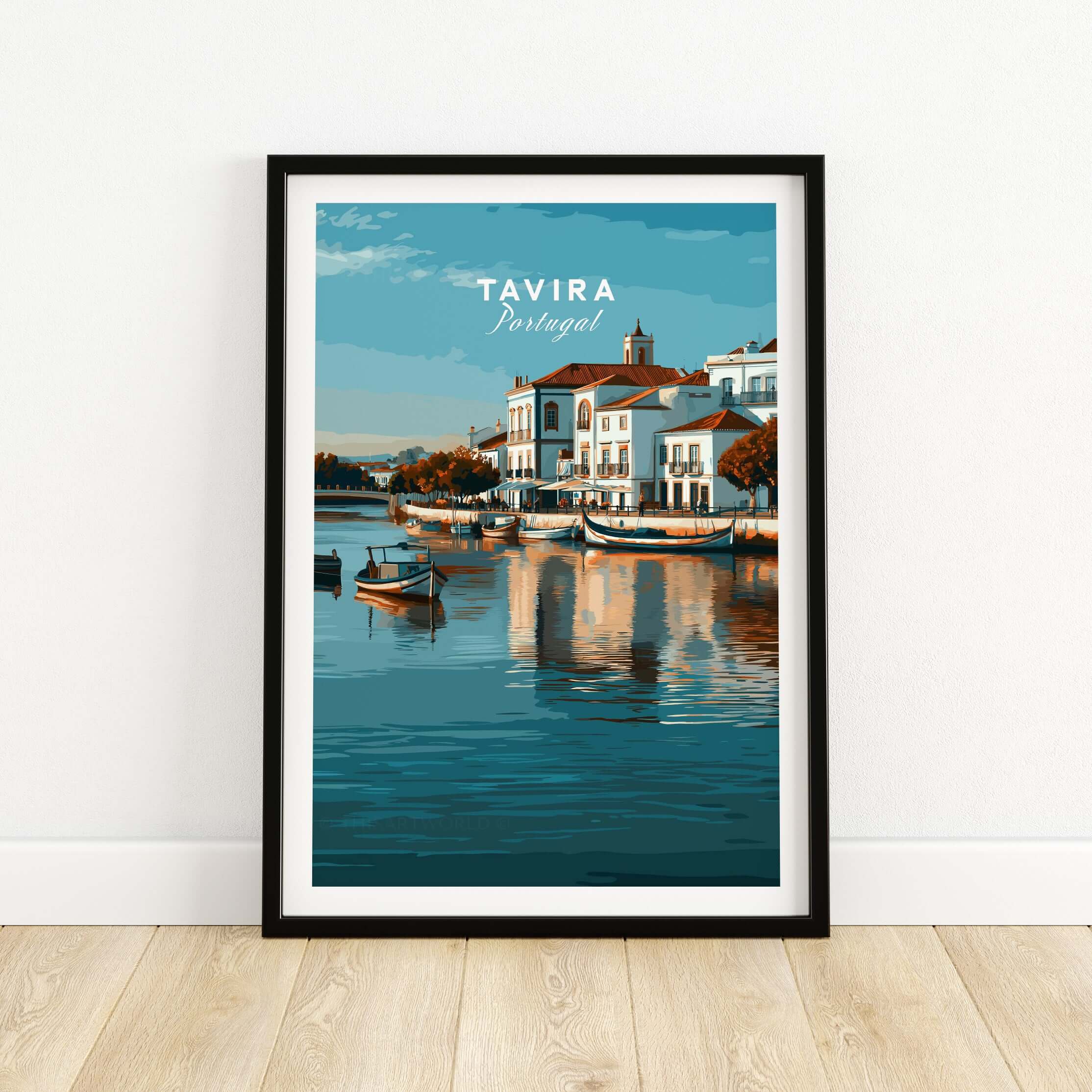 Algarve Tavira Wall Decor, Portugal Cityscape Poster, River Gilão Print featuring picturesque waterfront in Tavira.