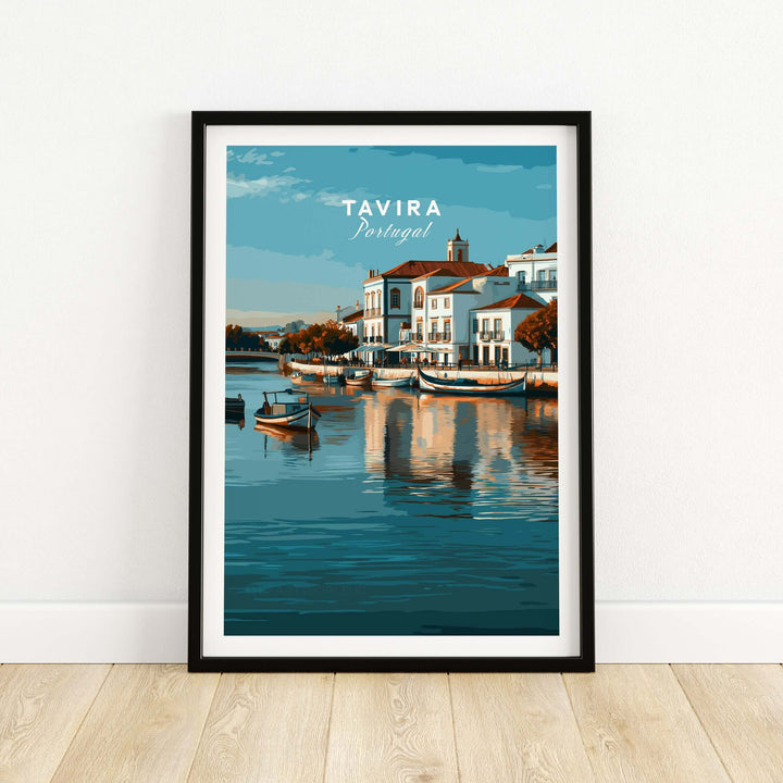 Tavira Portugal cityscape poster featuring River Gilão and charming architecture.