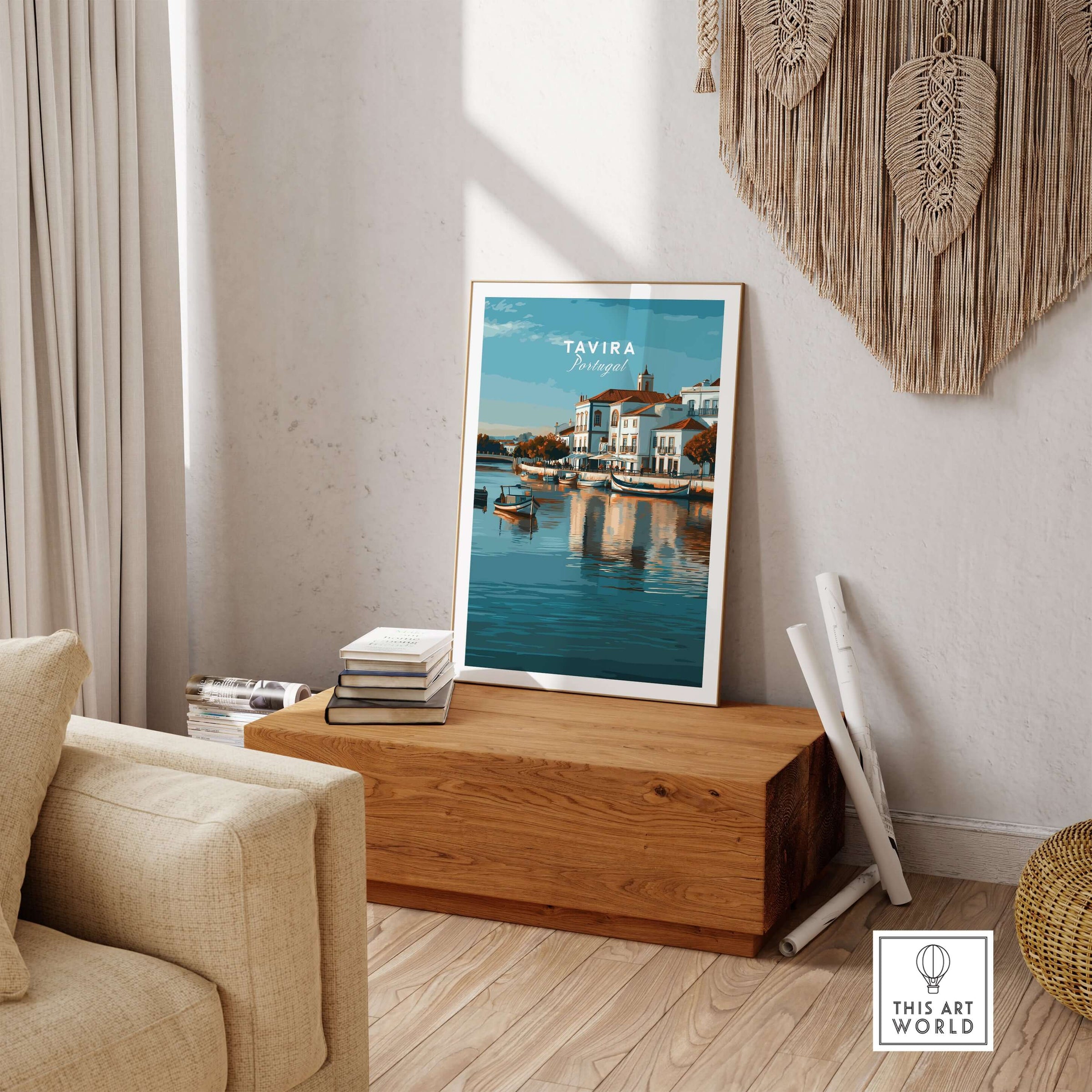 Algarve Tavira Wall Decor, Portugal Cityscape Poster, River Gilão Print displayed in a cozy living room setting.