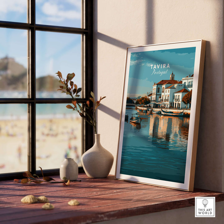 Framed Tavira, Portugal cityscape poster by the window with decor, showcasing the River Gilão and scenic architecture.
