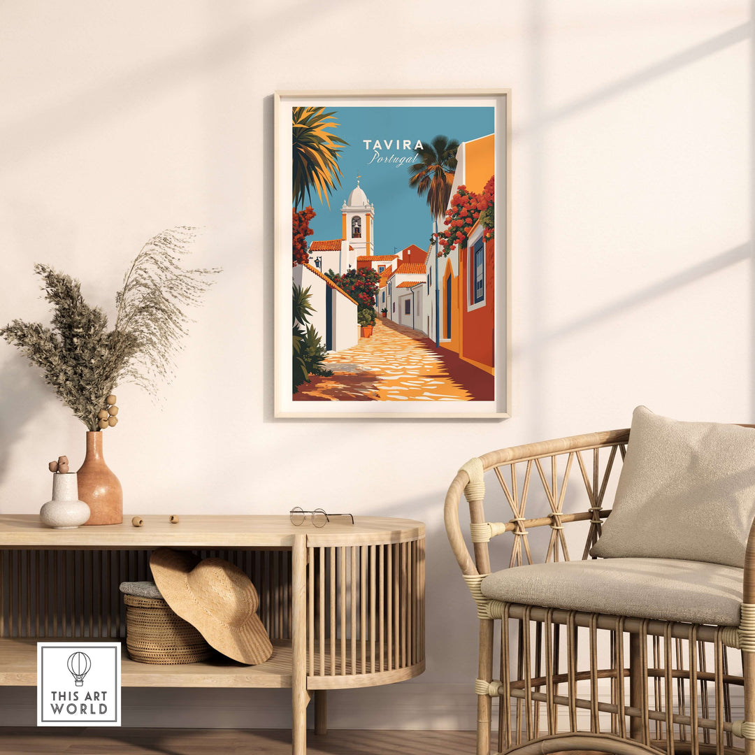 Algarve Tavira wall decor poster featuring vibrant orange flowers and white walls, enhancing home interiors.