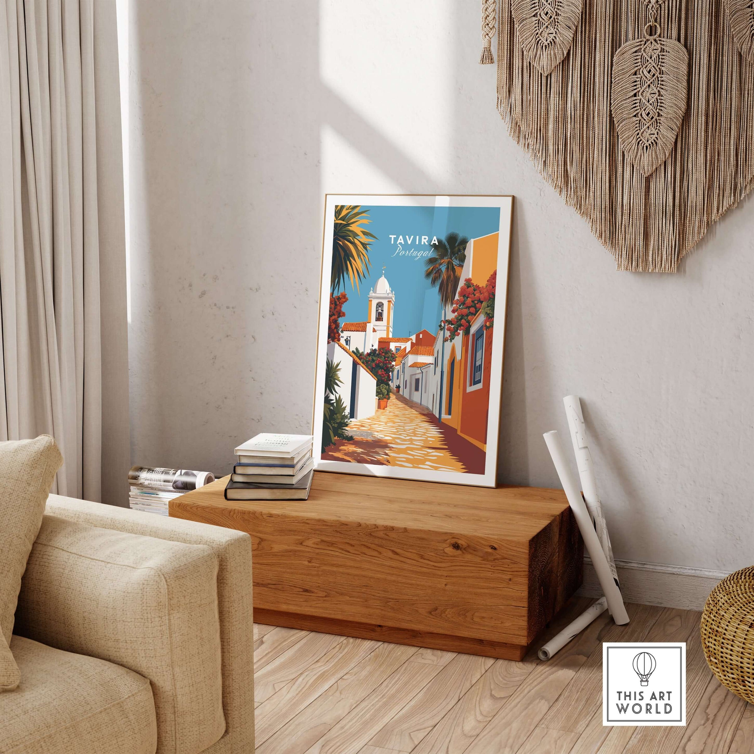 Algarve Tavira Wall Decor, Portugal Poster, Orange Flowers and White Walls Print displayed in a cozy living room setting.