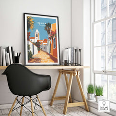 Algarve Tavira Wall Decor, Portugal Poster, Orange Flowers and White Walls Print displayed in a modern home office.
