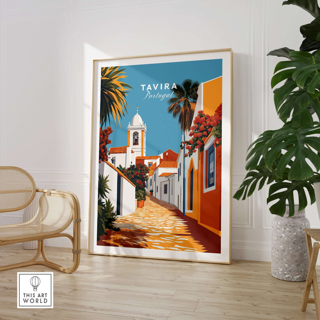 Algarve Tavira wall decor print featuring colorful streets, palm trees, and vibrant architecture of Portugal.