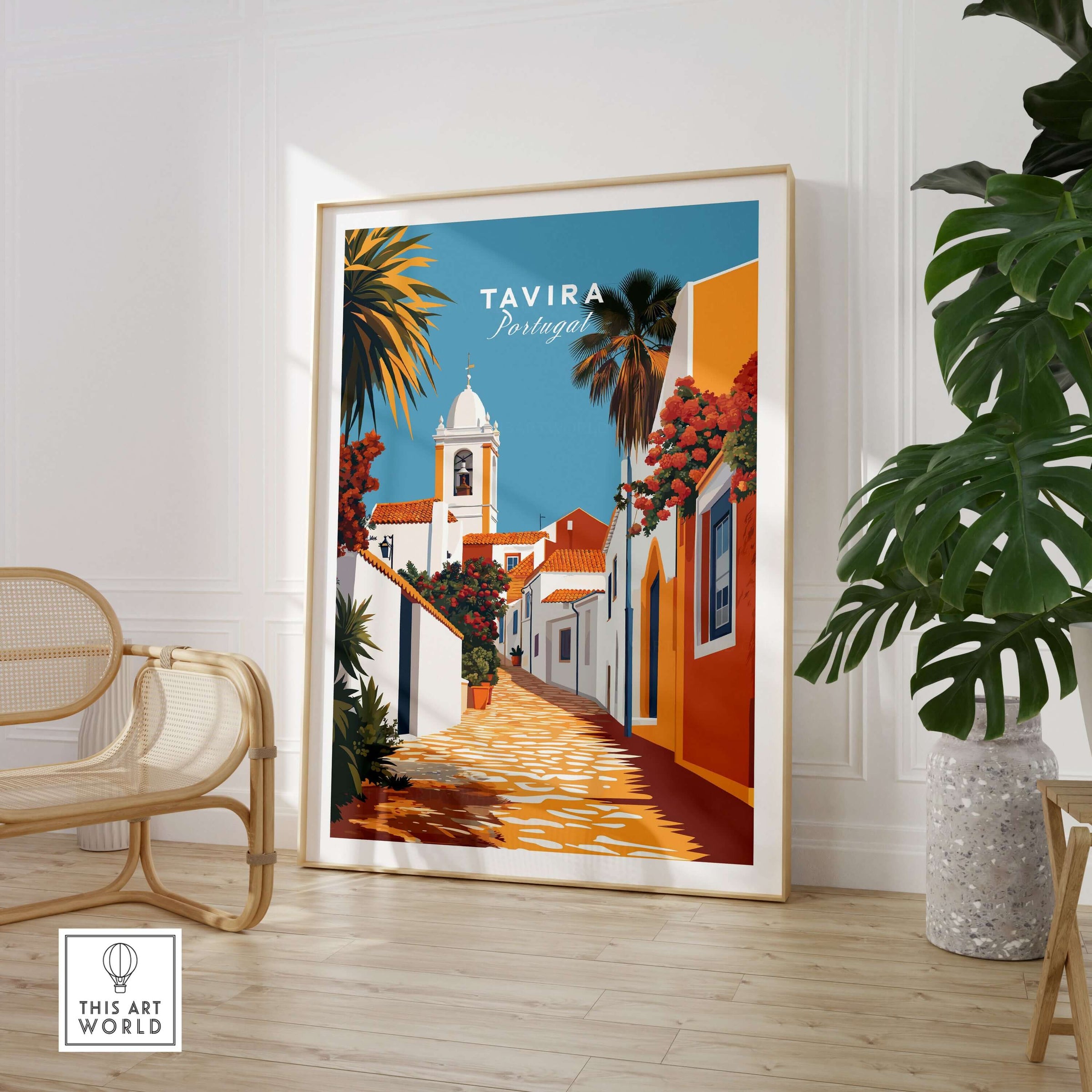 Algarve Tavira Wall Decor, Portugal Poster, Orange Flowers and White Walls Print displayed in a modern living room.