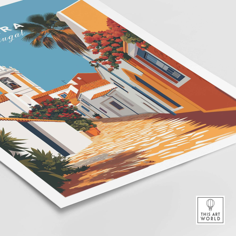 Algarve Tavira wall decor poster featuring colorful buildings and vibrant flowers, capturing Portugal's charm.