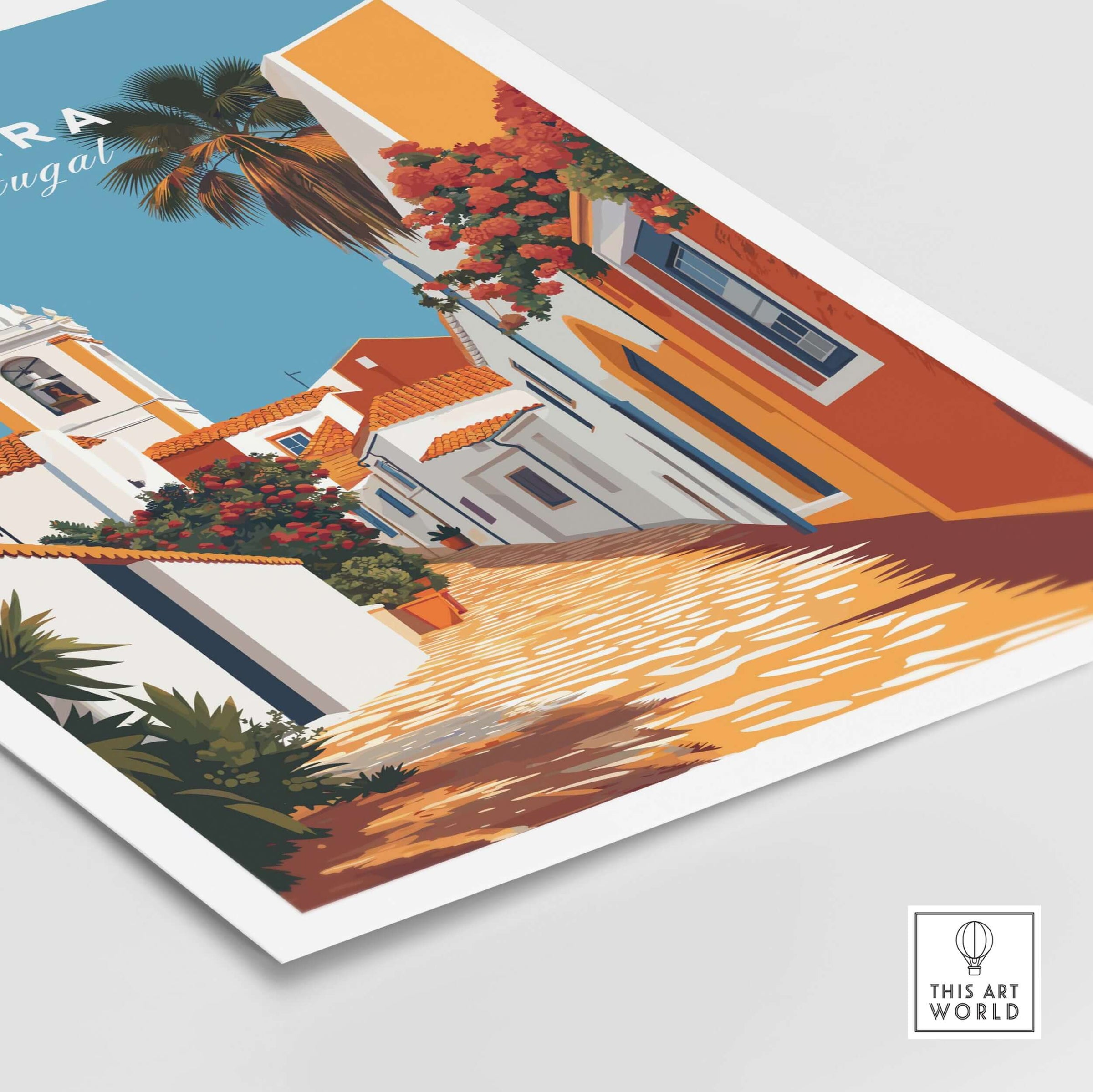 Algarve Tavira Wall Decor, Portugal Poster, Orange Flowers and White Walls Print featuring vibrant street scene.