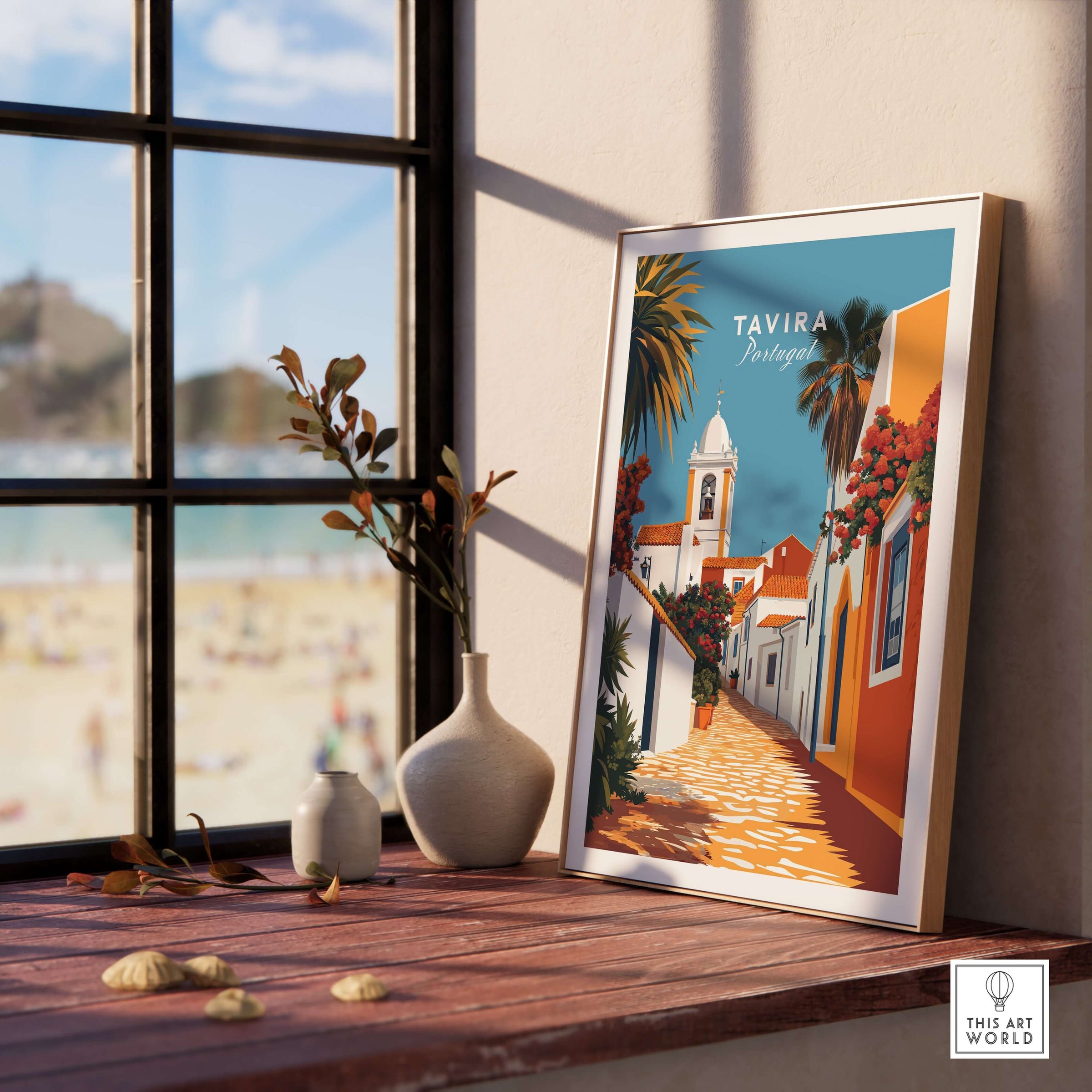 Algarve Tavira Wall Decor, Portugal Poster, Orange Flowers and White Walls Print in a cozy interior setting.