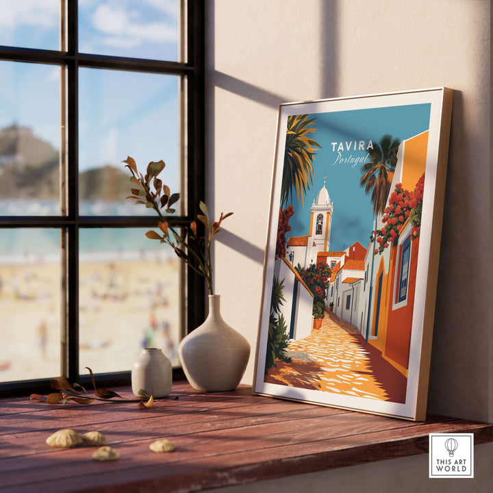 Algarve Tavira wall decor poster featuring colorful buildings and palm trees, brightening any space with Portuguese charm.