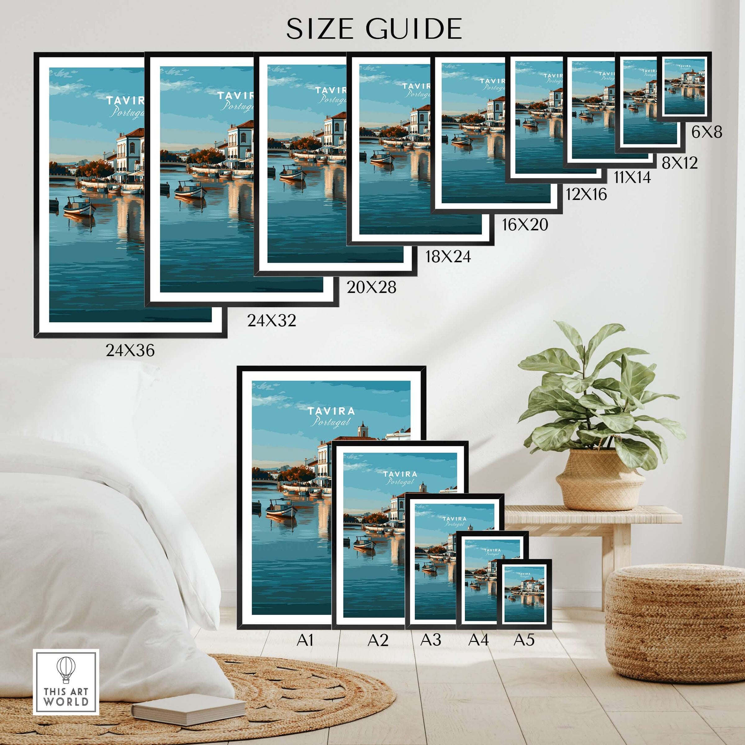 Algarve Tavira Wall Decor, Portugal Cityscape Poster, River Gilão Print size guide with various frame options.
