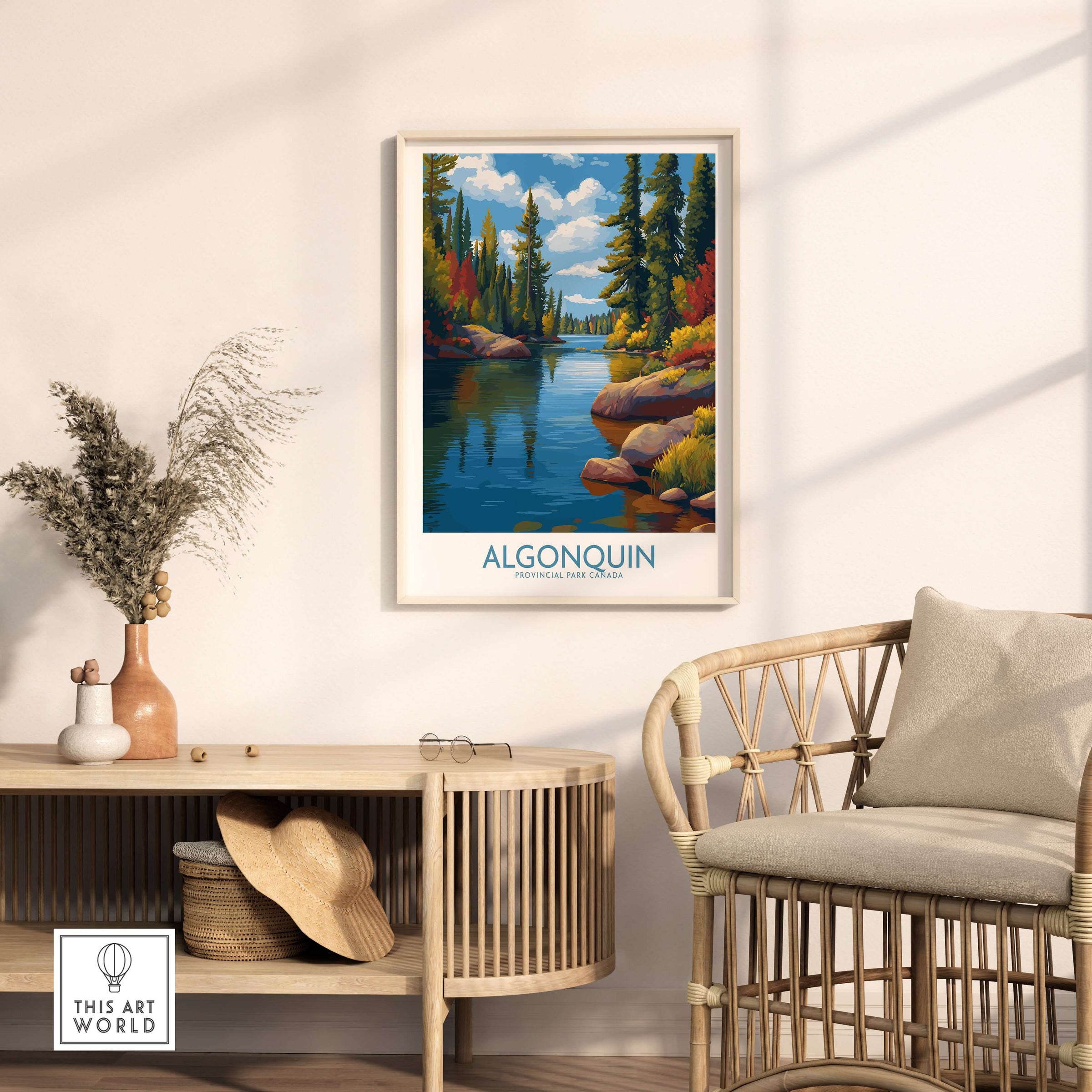 Algonquin Autumn Forest Art Print | Canada Fall Wilderness Poster displayed in a cozy living room setting.