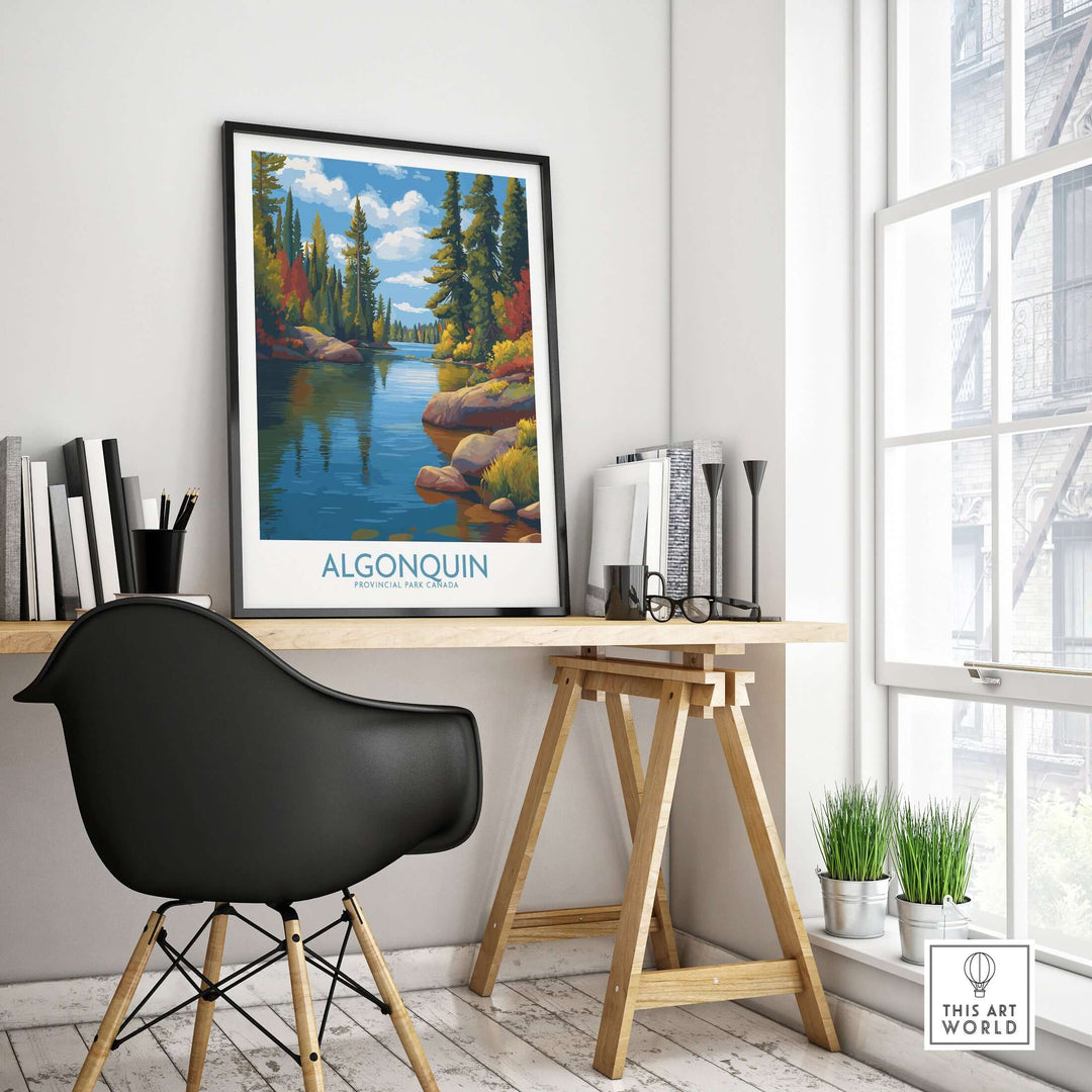 Algonquin Autumn Forest Art Print | Canada Fall Wilderness Poster displayed in a cozy workspace.