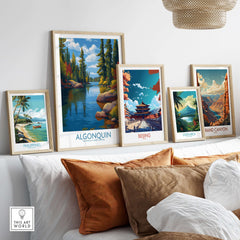 Algonquin Autumn Forest Art Print | Canada Fall Wilderness Poster displayed with other travel posters in stylish living room.