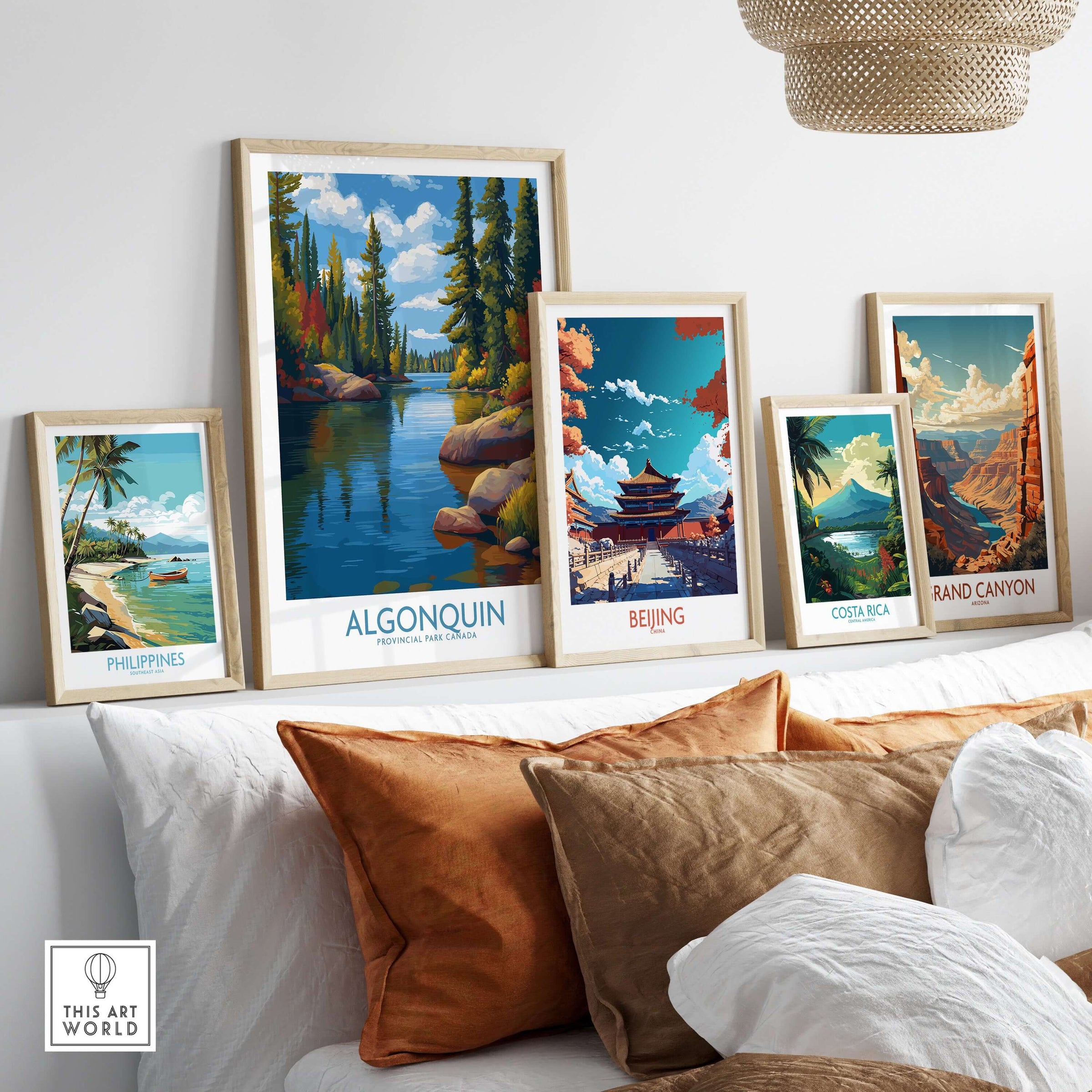 Algonquin Autumn Forest Art Print | Canada Fall Wilderness Poster displayed with other travel posters in stylish living room.