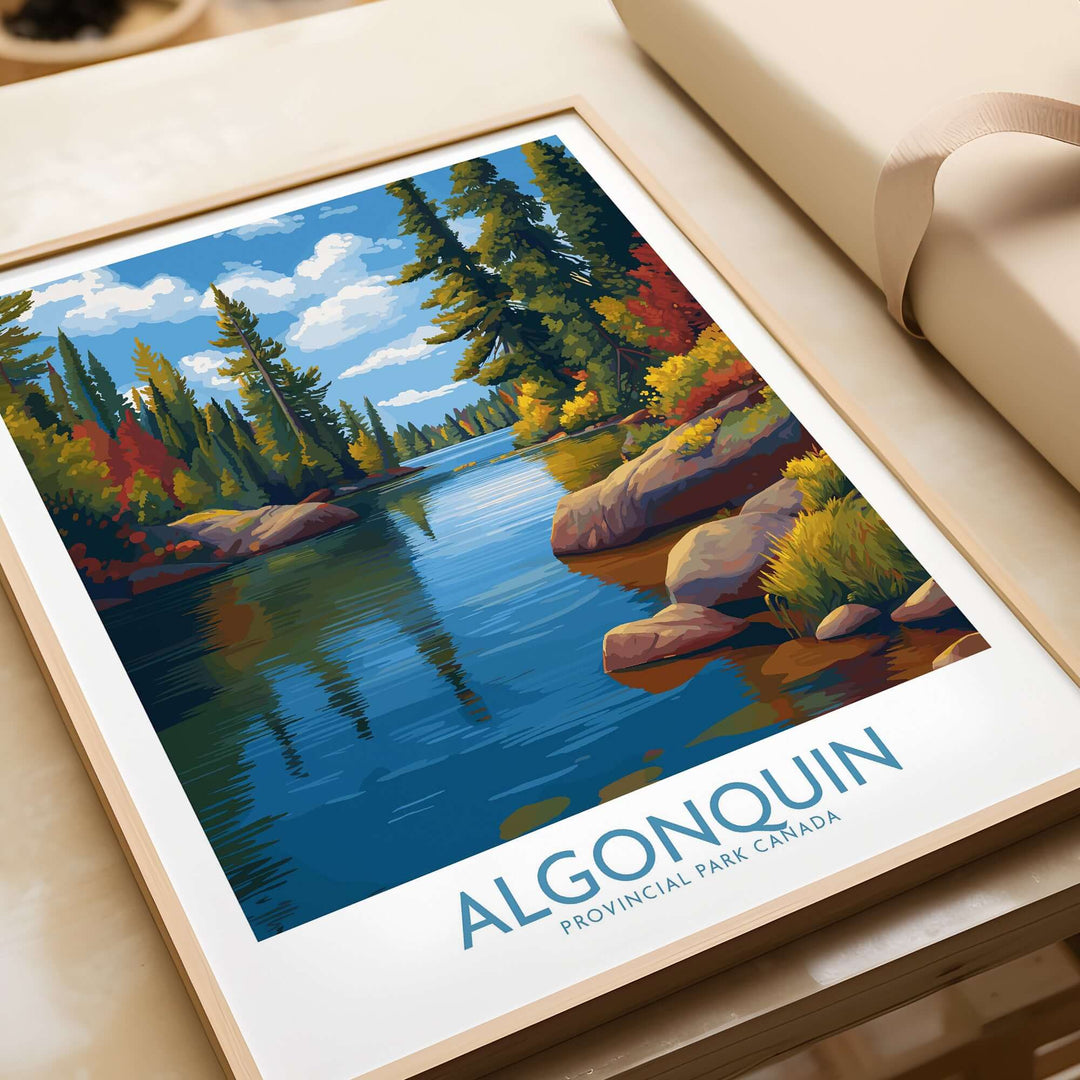 Algonquin Autumn Forest Art Print | Canada Fall Wilderness Poster featuring vibrant autumn colors and serene river landscape.