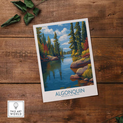 Algonquin Autumn Forest Art Print | Canada Fall Wilderness Poster showcasing vibrant autumn colors by a tranquil river.