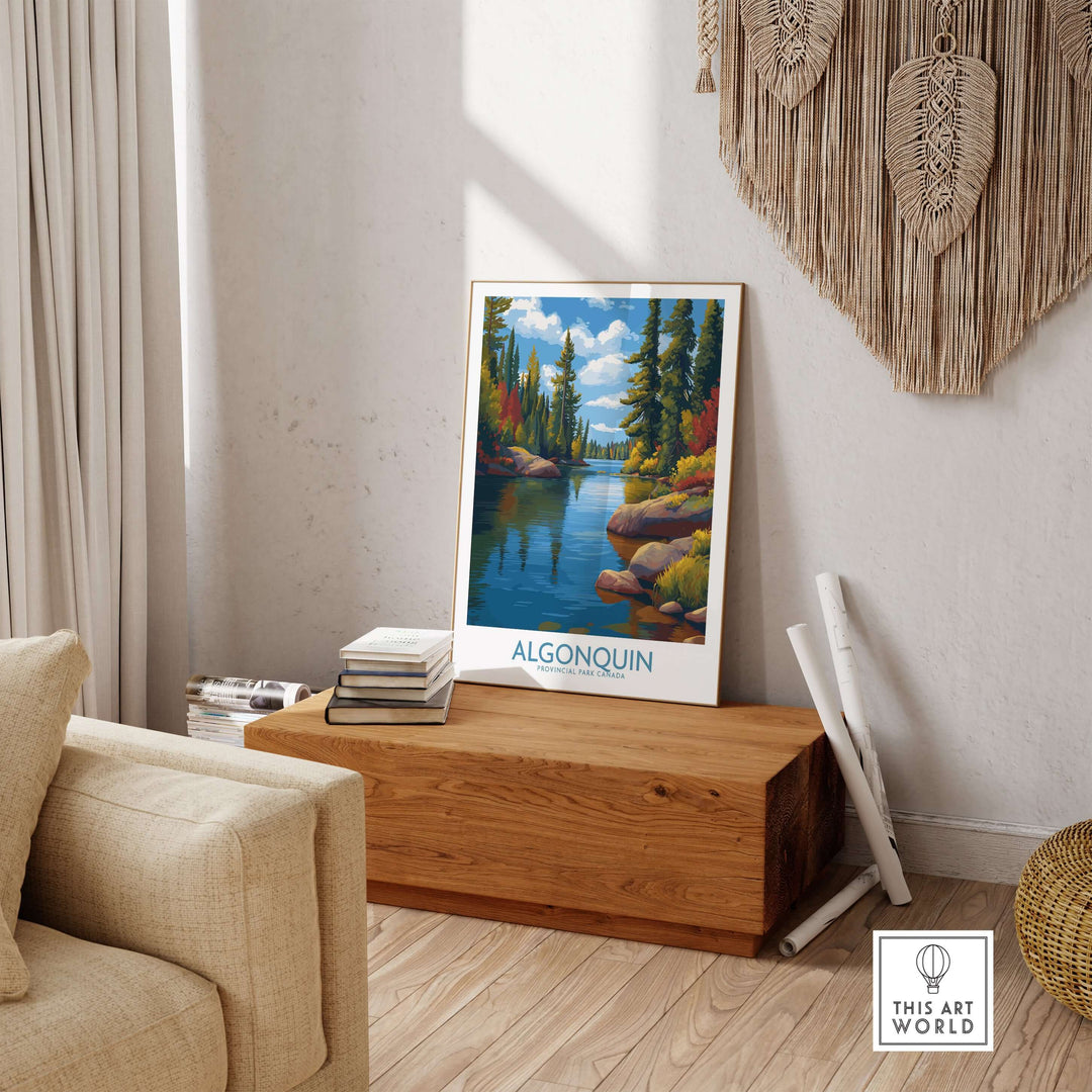 Algonquin Autumn Forest Art Print | Canada Fall Wilderness Poster featuring vibrant foliage and a serene river setting.