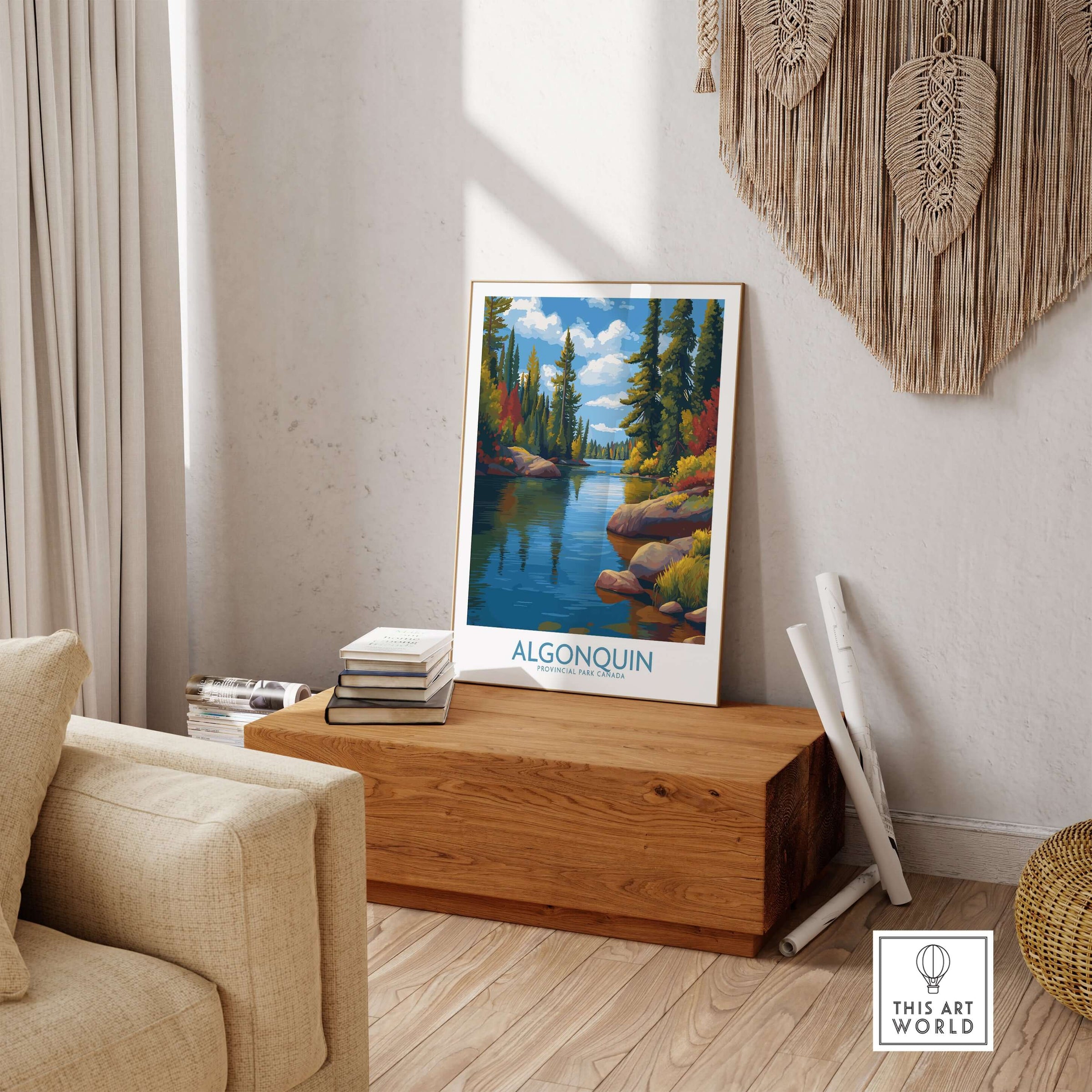 Algonquin Autumn Forest Art Print | Canada Fall Wilderness Poster displayed in a cozy living room setting.
