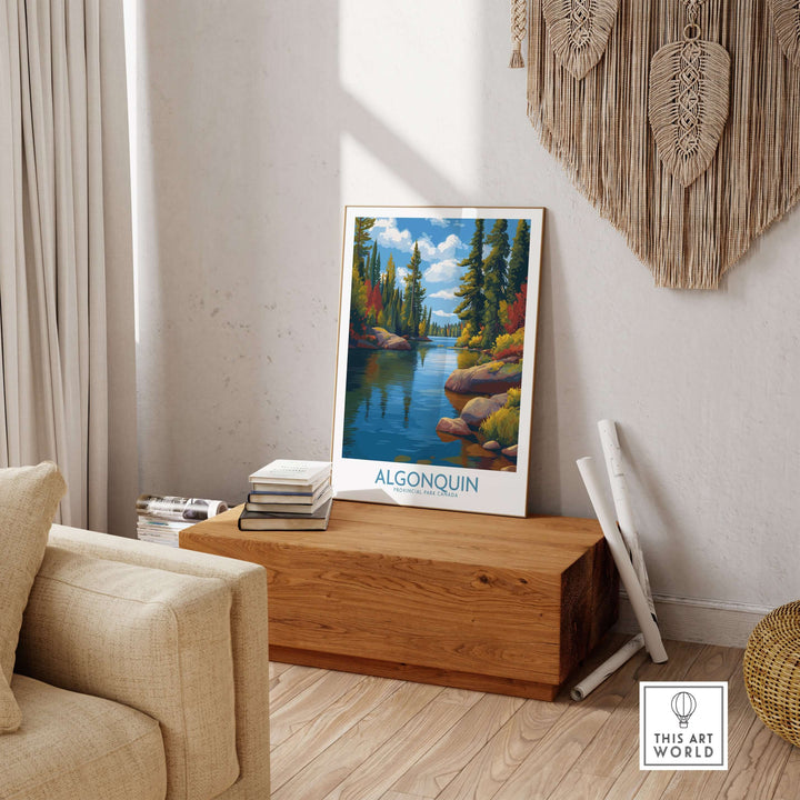 Algonquin Autumn Forest Art Print | Canada Fall Wilderness Poster featuring vibrant foliage and a serene river setting.
