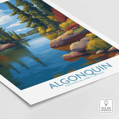 Algonquin Autumn Forest Art Print | Canada Fall Wilderness Poster featuring a tranquil river scene and vibrant foliage.