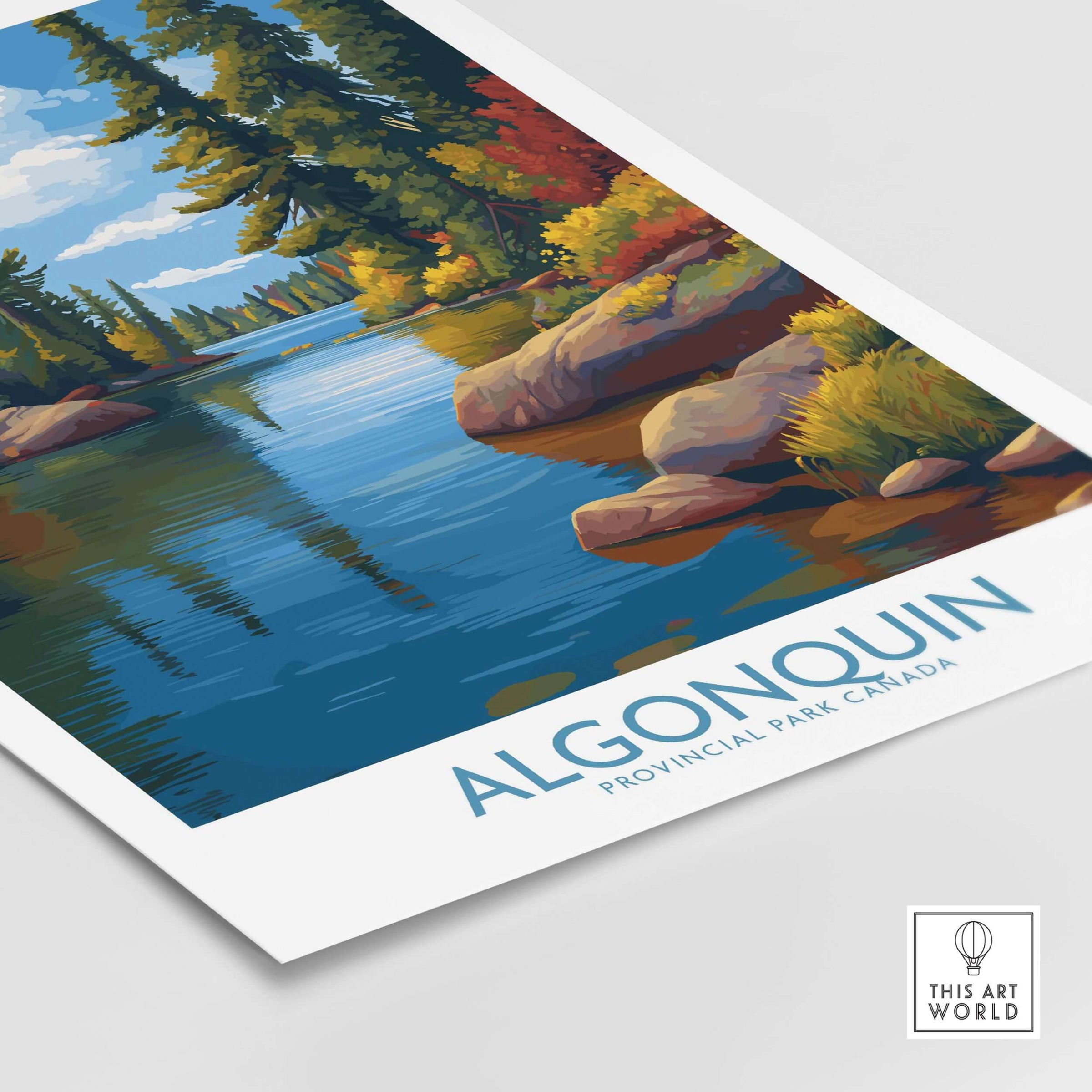 Algonquin Autumn Forest Art Print | Canada Fall Wilderness Poster featuring a tranquil river scene and vibrant foliage.