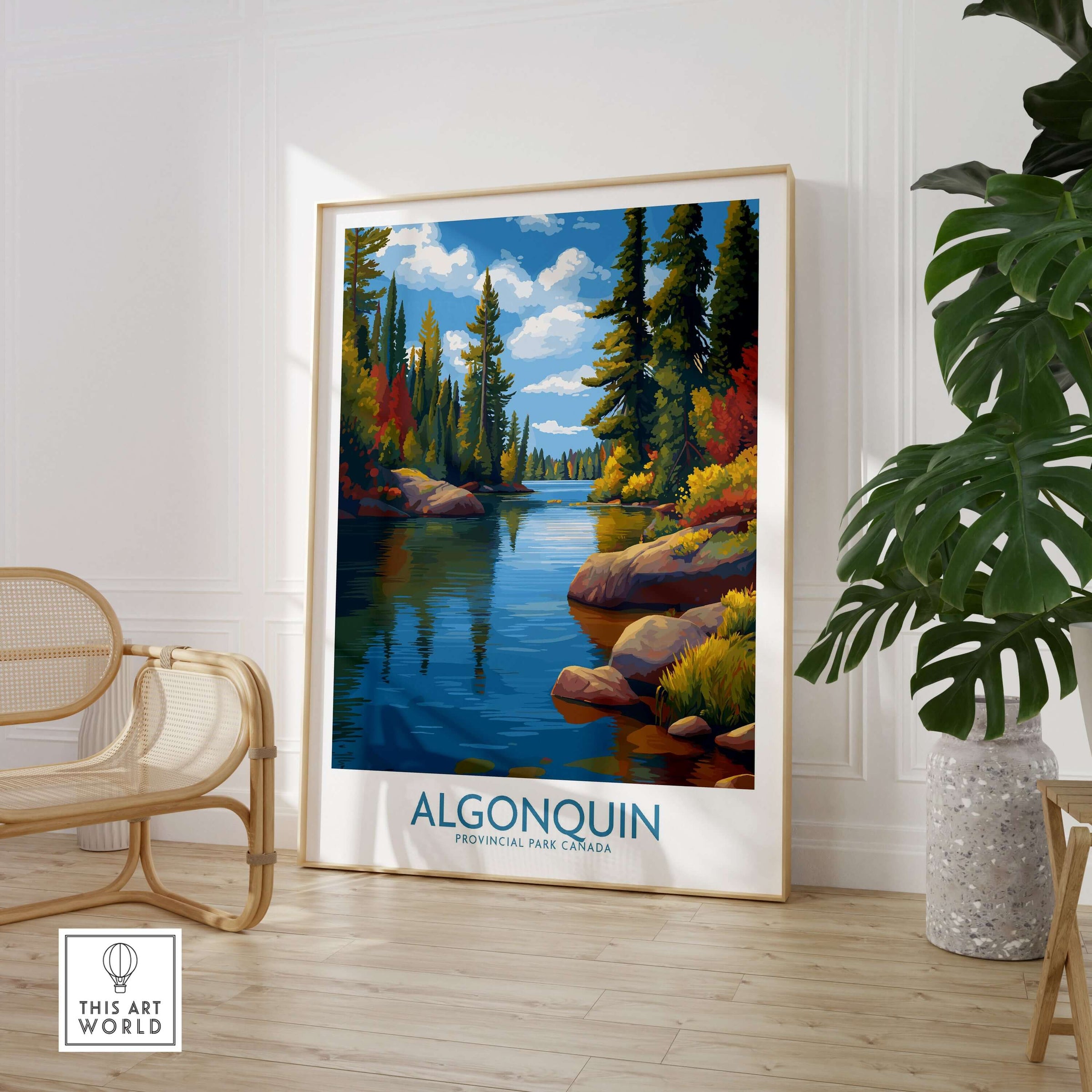 Algonquin Autumn Forest Art Print | Canada Fall Wilderness Poster showcasing vibrant autumn colors by a serene river.