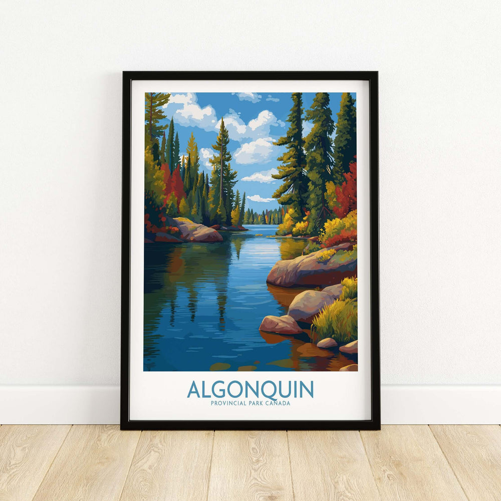 Algonquin Autumn Forest Art Print | Canada Fall Wilderness Poster showcasing vibrant autumn foliage and tranquil water.