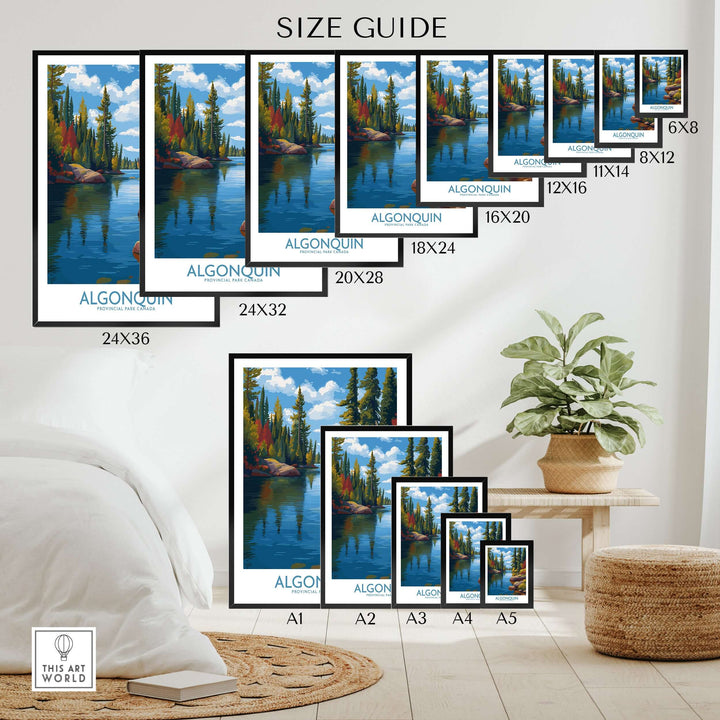 Algonquin Autumn Forest Art Print | Canada Fall Wilderness Poster size guide with framed sizes displayed.