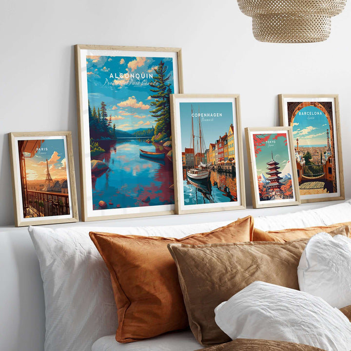 Algonquin Ontario Blue Water Landscape Print | Nature Wall Decor displayed among travel prints in a cozy living room setting.