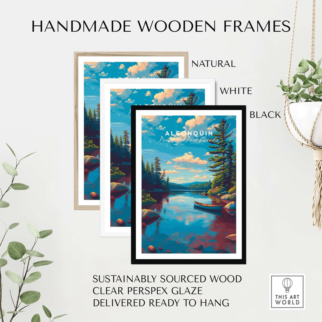 Algonquin Ontario Blue Water Landscape Print | Nature Wall Decor framed in natural, white, and black handmade wooden frames.