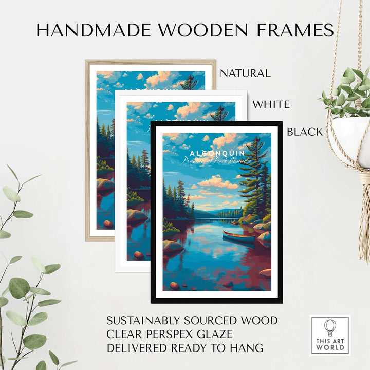 Algonquin Ontario Blue Water Landscape Print | Nature Wall Decor framed in natural, white, and black handmade wooden frames.