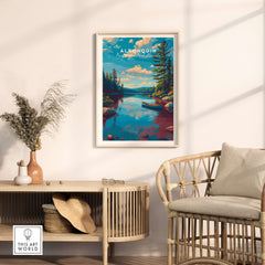 Algonquin Ontario Blue Water Landscape Print | Nature Wall Decor framed above a modern chair and plant in a cozy room setting.