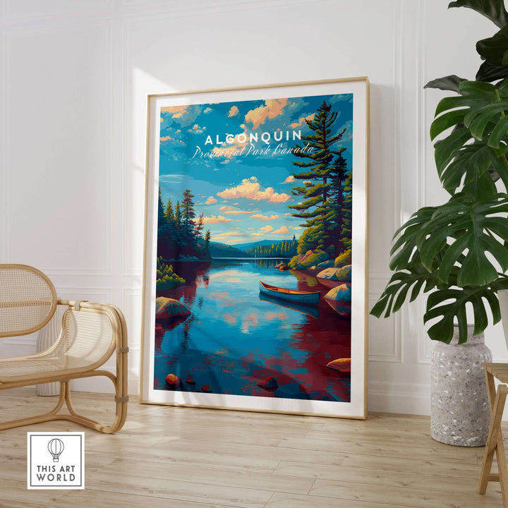 Algonquin Ontario Blue Water Landscape Print | Nature Wall Decor displayed in a modern room with plant and chair.