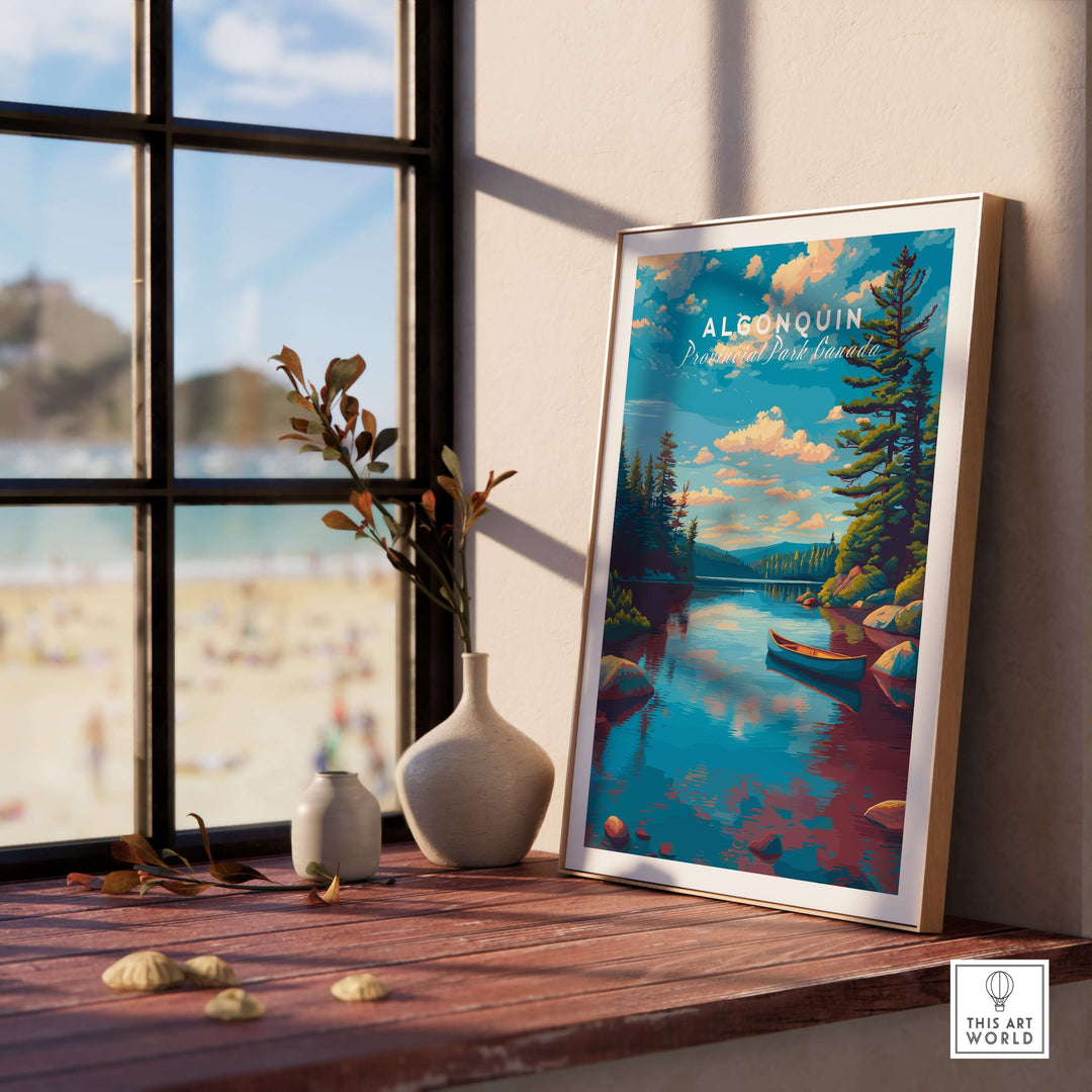 Algonquin Ontario Blue Water Landscape Print | Nature Wall Decor framed artwork on a wooden table near a window.
