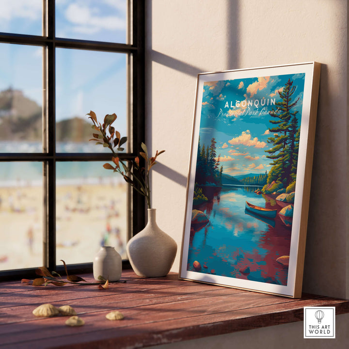 Algonquin Ontario Blue Water Landscape Print | Nature Wall Decor framed artwork on a wooden table near a window.
