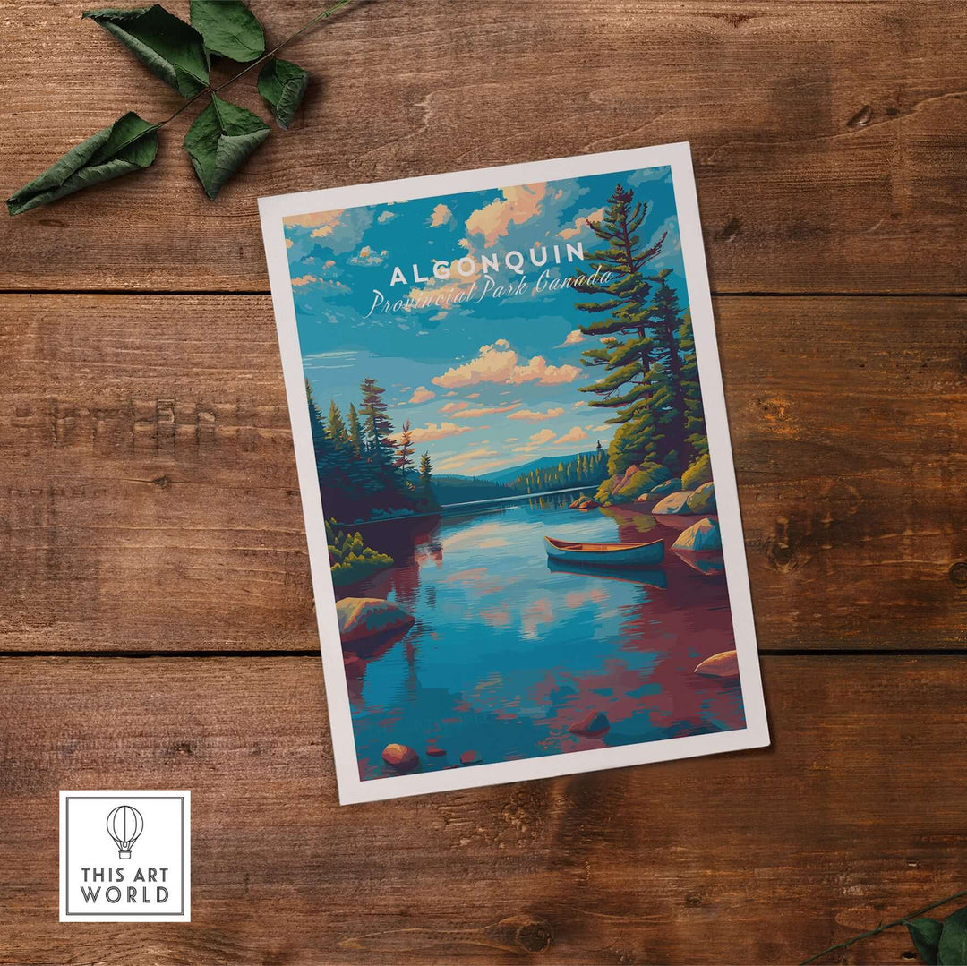 Algonquin Ontario Blue Water Landscape Print | Nature Wall Decor featuring serene lake and forest scene.