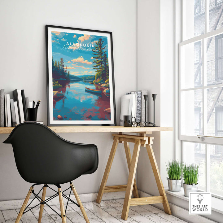 Algonquin Ontario Blue Water Landscape Print | Nature Wall Decor displayed in a serene office setting.