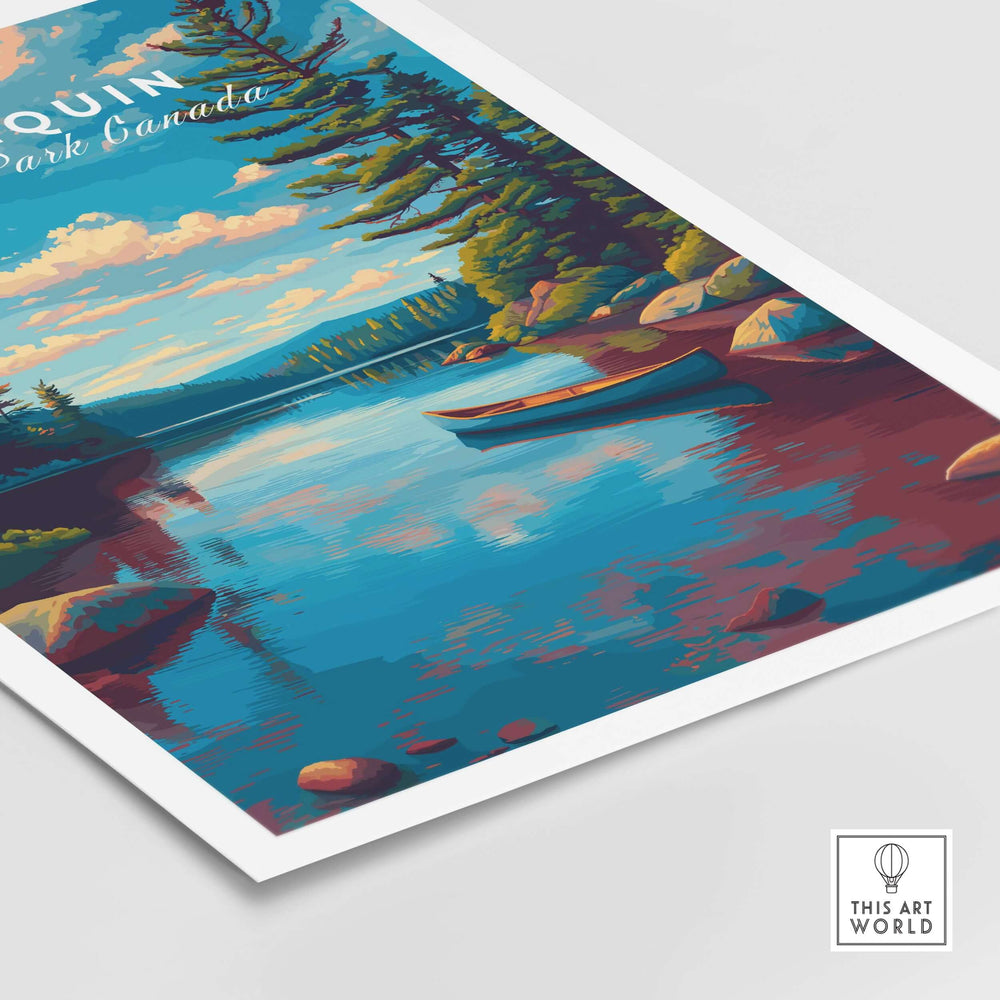 Algonquin Ontario Blue Water Landscape Print | Nature Wall Decor showcasing vibrant lake scene and lush trees.