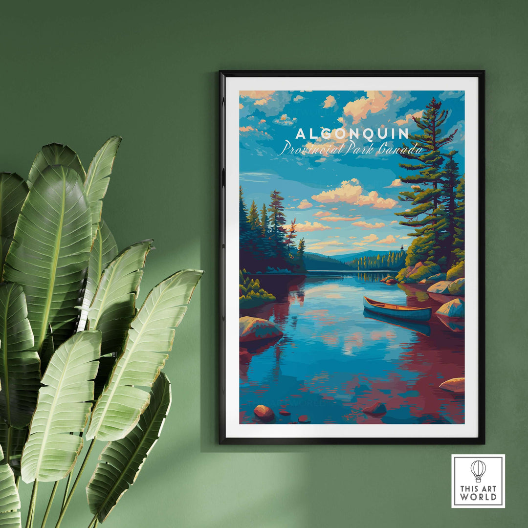 Algonquin Ontario Blue Water Landscape Print | Nature Wall Decor featuring serene lake scene with trees and mountains.