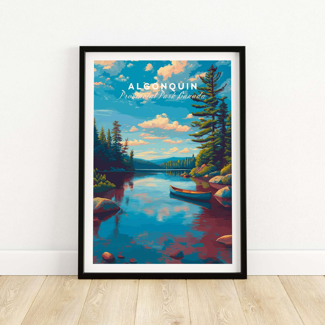 Algonquin Ontario Blue Water Landscape Print | Nature Wall Decor featuring a serene lake scene with vibrant colors.