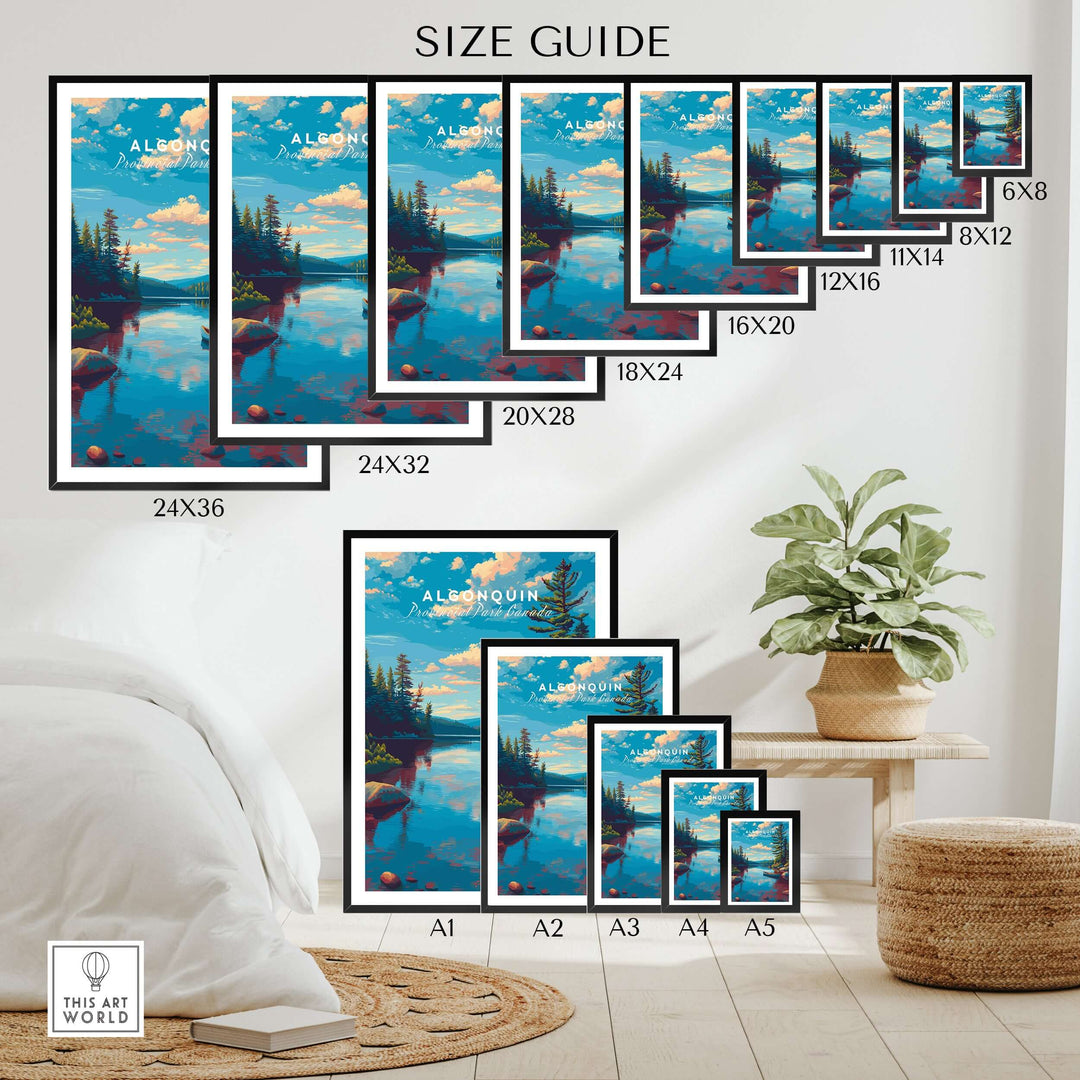 Algonquin Ontario Blue Water Landscape Print | Nature Wall Decor size guide with various frame sizes displayed.