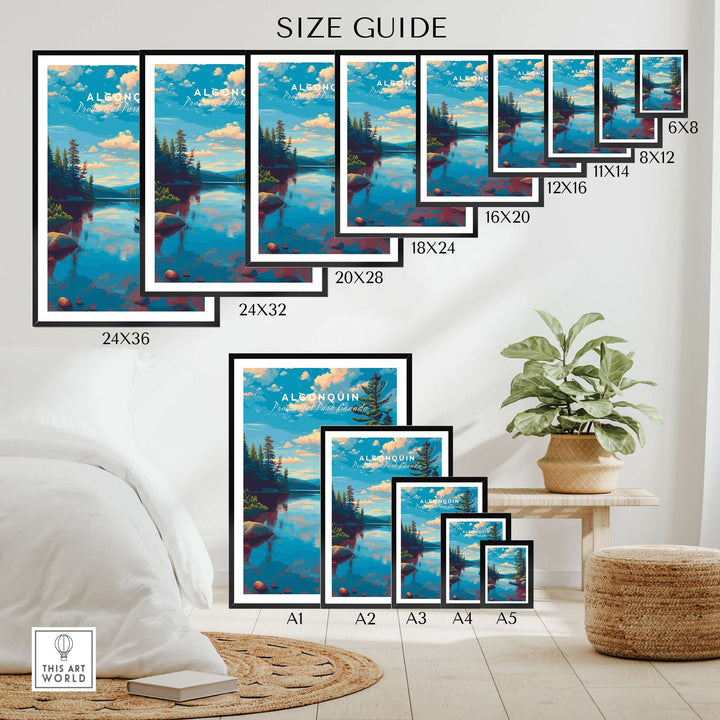 Algonquin Ontario Blue Water Landscape Print | Nature Wall Decor size guide with various frame sizes displayed.