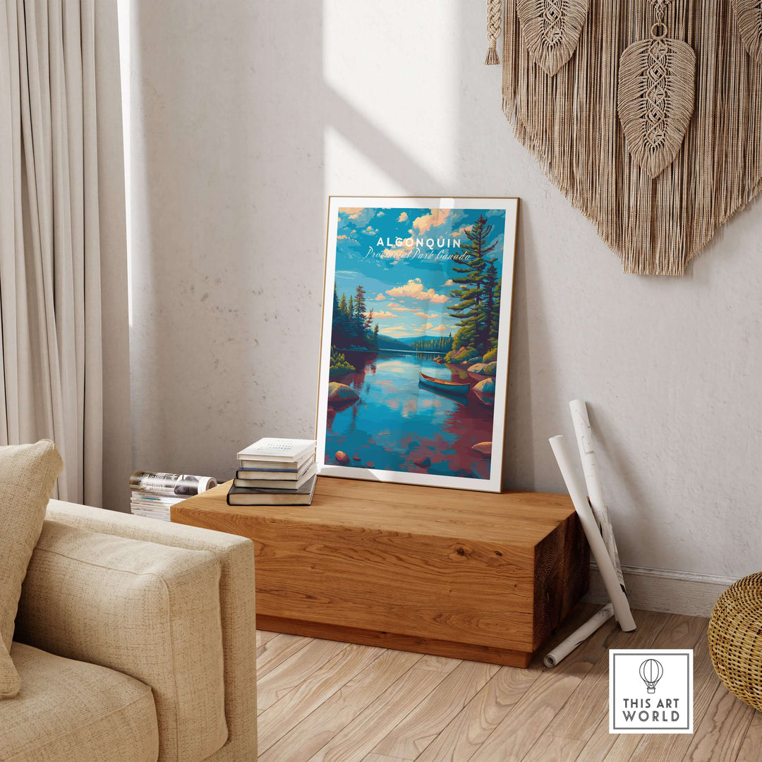 Algonquin Ontario Blue Water Landscape Print | Nature Wall Decor displayed in a cozy room with wooden furniture.