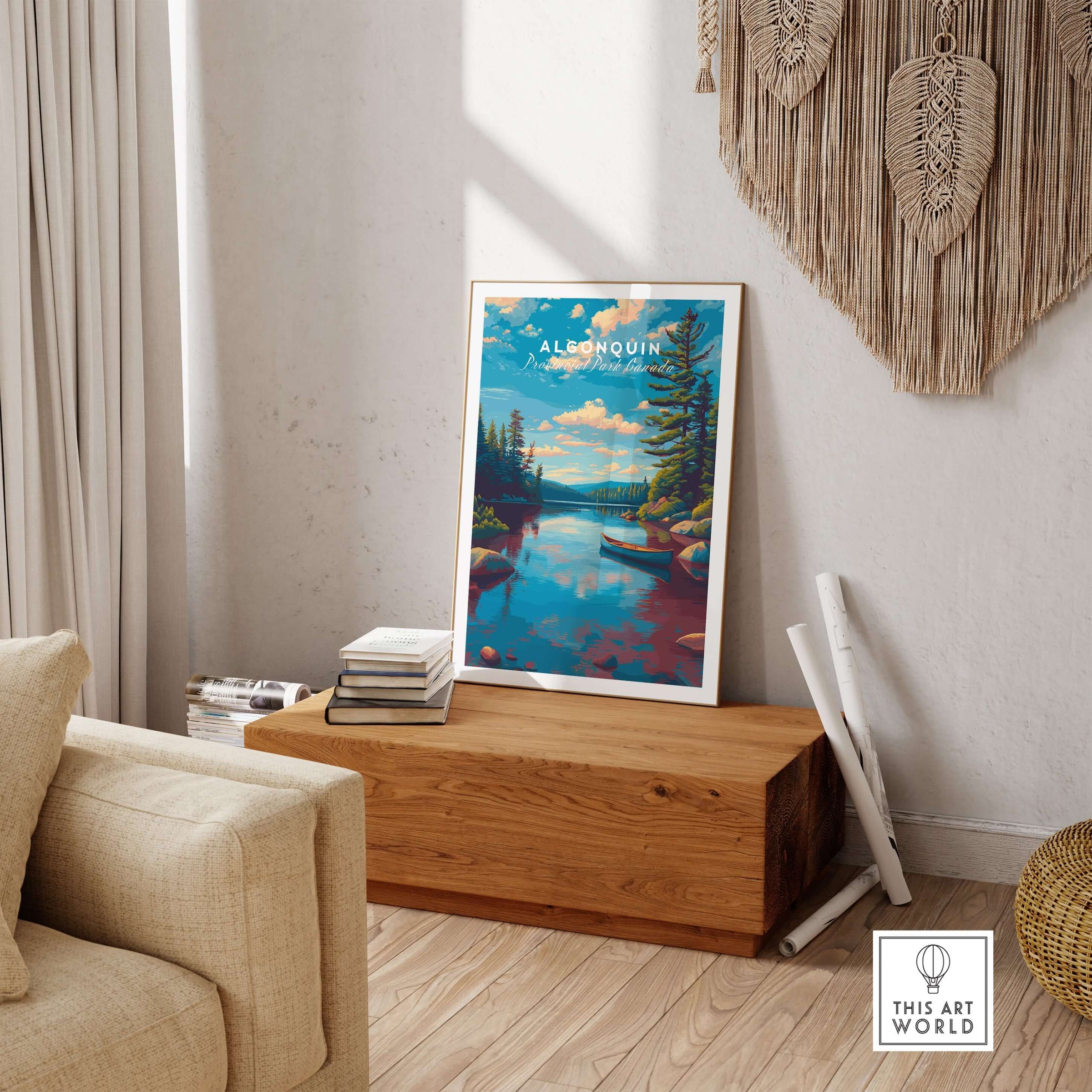 Algonquin Ontario Blue Water Landscape Print | Nature Wall Decor displayed in a cozy indoor setting.